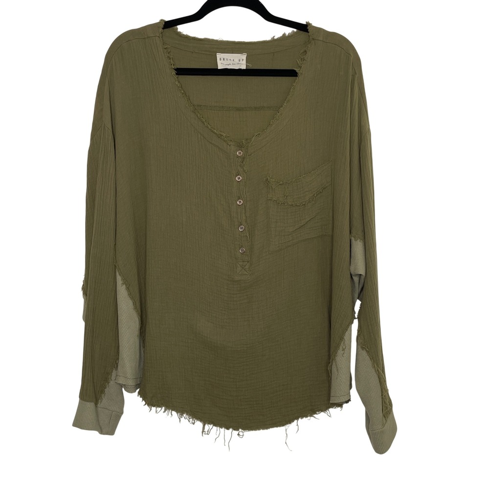 Dress Up‎ Henley Top Womens XL Olive Green Gauze Mixed Media Thermal Raw Hem